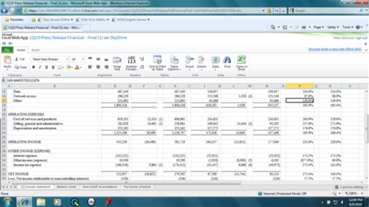 This screenshot made Wednesday, June 9, 2010, shows Microsoft Excel Web App,a free browser-based application the company is offering along with the launch of Office 2010, in editing mode. 